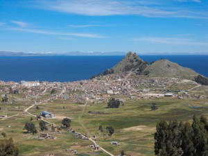 The view of Lake titicaca across to Peru